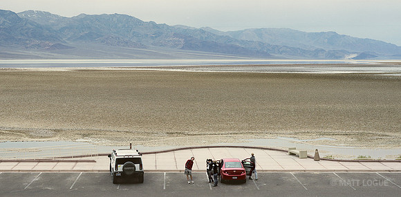 Tourists at Badwater information center, Death Valley NP CA